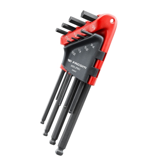 Facom 83SH_JP8AU hex key set with ball ends, black and red holder, front angle on white background.