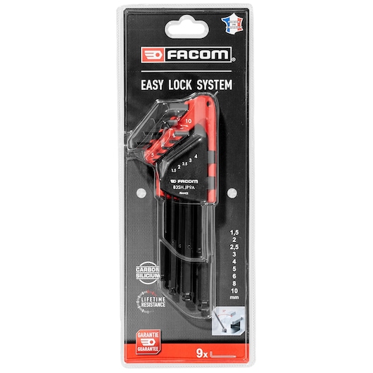 Facom 83SH.JP9BPB hex key set with Easy Lock System, 9-piece, black and red, front angle on white background.