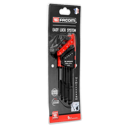 Photo of Facom 83SH.JP9BPB hex key set with black and red handles, nine pieces in plastic packaging, front angle.