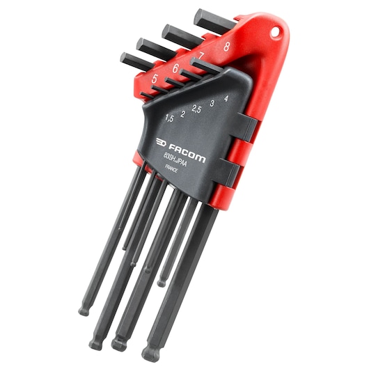 Facom 83SH_JPAA hex key set in red and black holder, angled view, showing size markings.