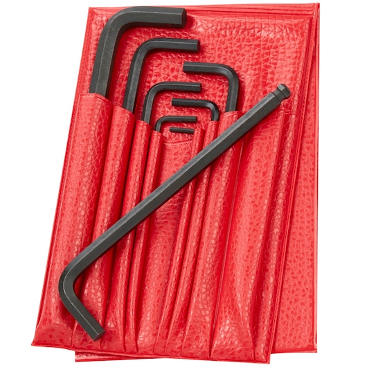 Facom hex key set with eight black L-shaped wrenches in a red textured pouch, SKU 83SH_JU8, top view.