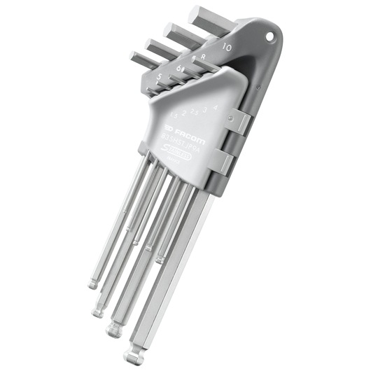 Facom 83SHST_JP9A hex key set in stainless steel holder, angled view on white background.