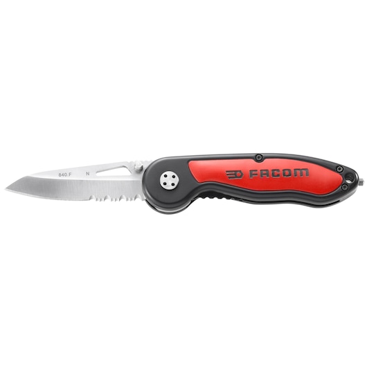 Photo of Facom 840.FPB folding knife with partially serrated blade, red and black handle, right side view.