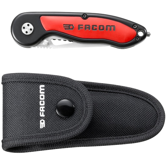 A Facom branded folding pocket knife with a red and black handle, shown with its black fabric carrying pouch featuring a snap button closure and Facom logo.