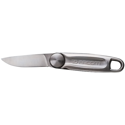 Facom 840LE.PB stainless steel folding knife, side view on white background, engraved logo on handle.