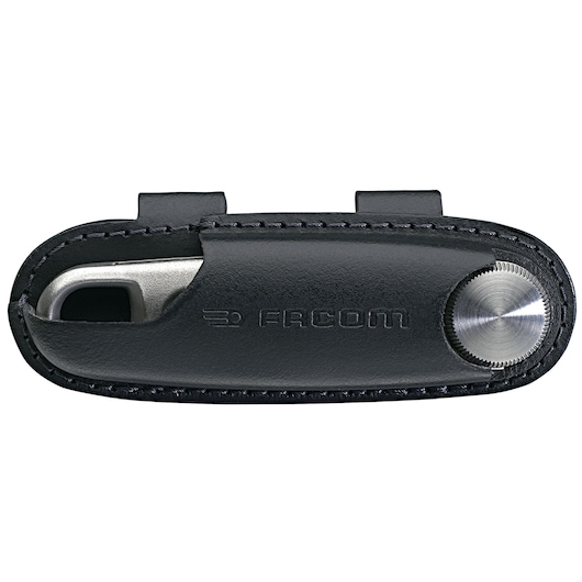 Facom 840LE.PB ratchet spanner in black leather case, front angle on white background.