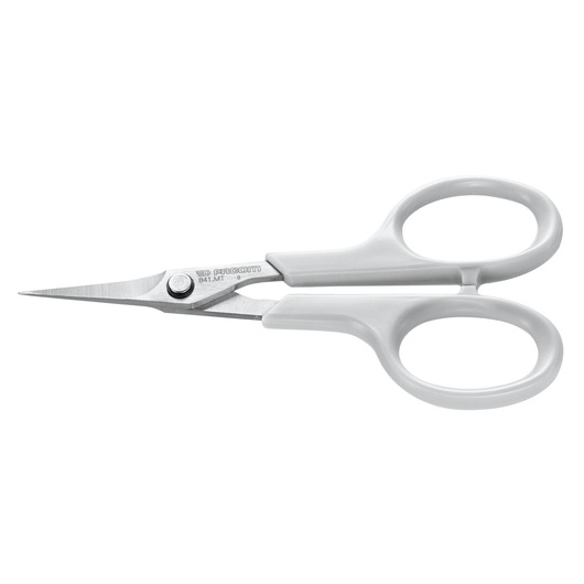 Facom 841_MT precision scissors with sharp stainless blades and white handles, side view.