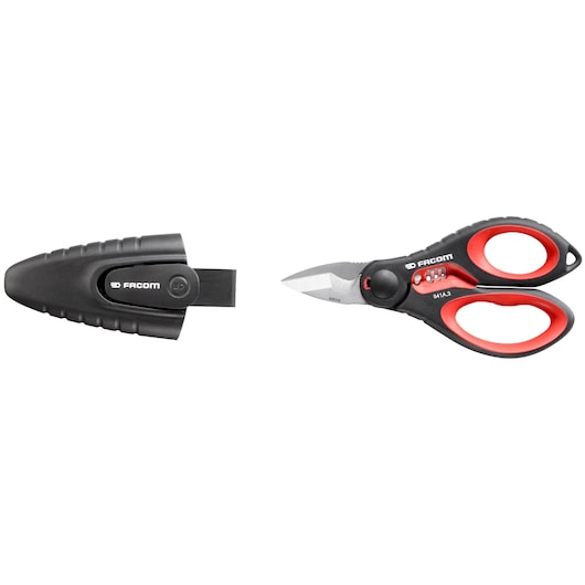 Facom 841A.3PB multi-purpose scissors with black and red handle and protective sheath, side view.