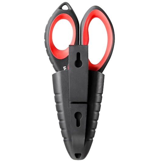 Facom 841A.3PB scissors with red and black ergonomic handles in black protective sheath, front angle.
