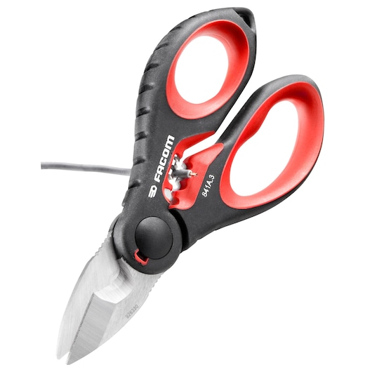 Facom 841A.3PB cable cutting scissors with black and red ergonomic handles, photographed on white background.
