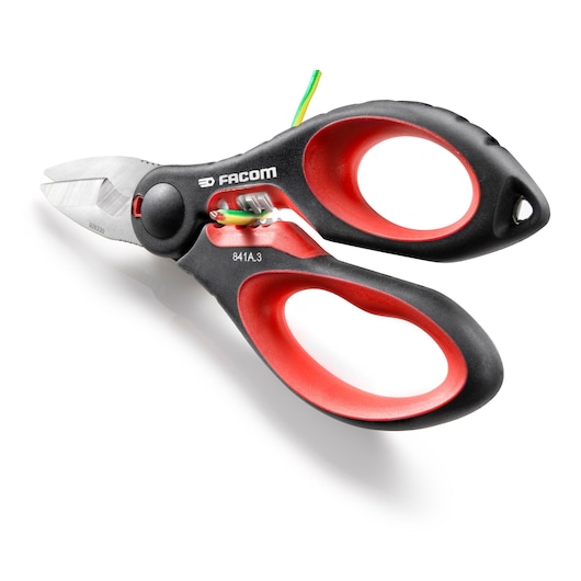 Facom 841A.3PB wire cutter scissors with black and red handles, side angle on white background.