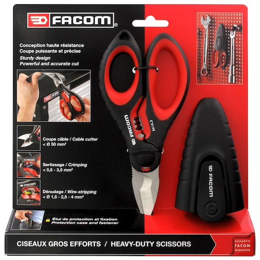 Facom 841A.3PB heavy-duty scissors with black and red ergonomic handles and protective case, front view packaging.