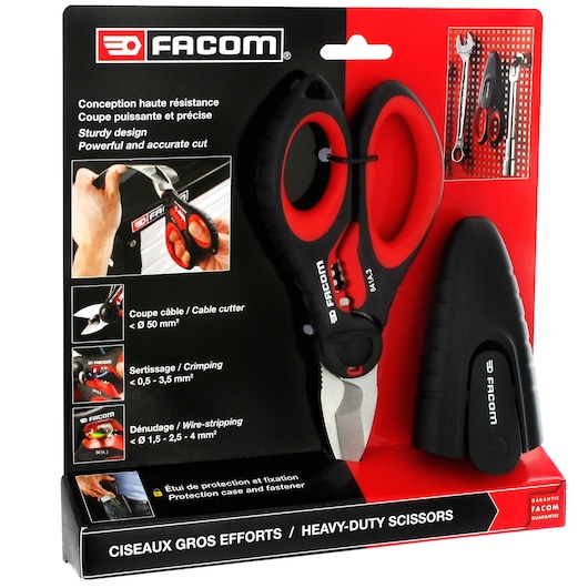 Facom 841A.3PB heavy-duty scissors with black and red handles in retail packaging, includes protective case, front angle.