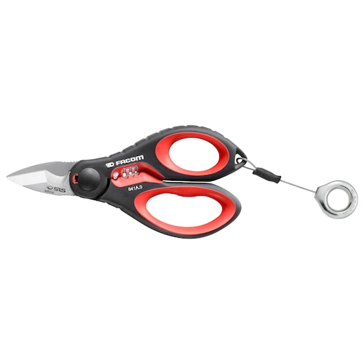Facom 841A3SLS safety scissors with black and red ergonomic handles, metal blade, and safety lanyard, side view.