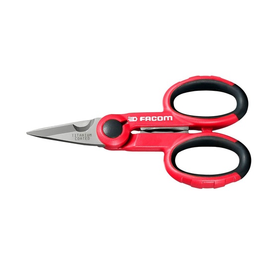 Photo of Facom 841A_4 red and black titanium coated scissors, ergonomic handles, side view, white background.