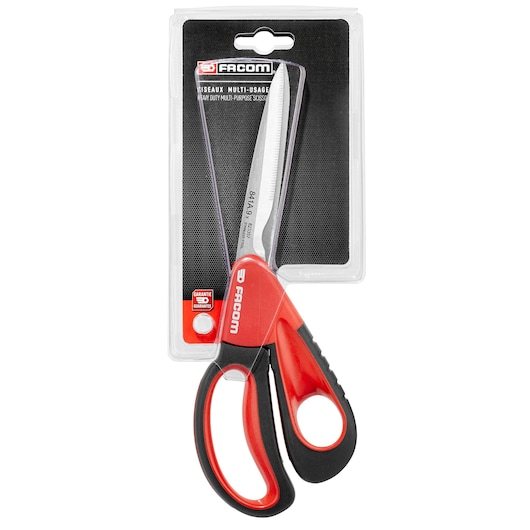 Facom 841A_9PB heavy duty multi-purpose scissors in red and black, front angle, sealed in retail packaging.