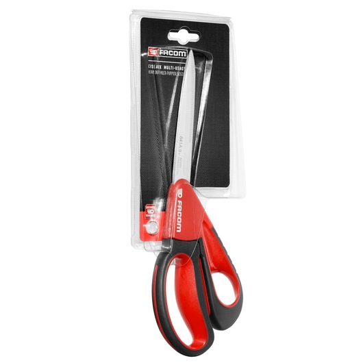 Facom 841A_9PB heavy-duty scissors with red and black handle in retail packaging, front angle.