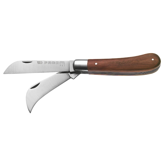 Photo of Facom 843 folding knife with two stainless steel blades and wooden handle, side angle on white background.
