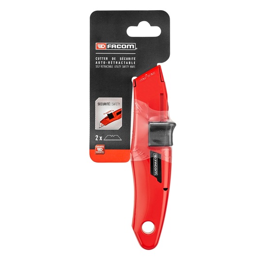 Photo of Facom red self-retractable utility safety knife, SKU 844_DPB, packaged, front view on white background.