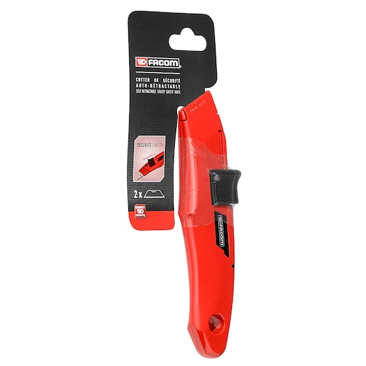 Facom 844_DPB red self-retractable utility safety knife in packaging, front angle, white background.