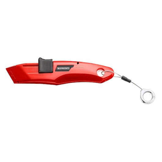 Facom 844_DSLS red safety utility knife with slide button and metal lanyard ring, product side view.