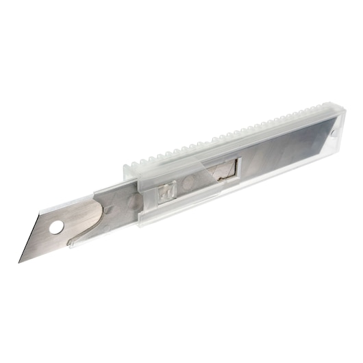 Facom 844.S18L10PB replacement utility knife blades in a clear plastic case, angled side view.