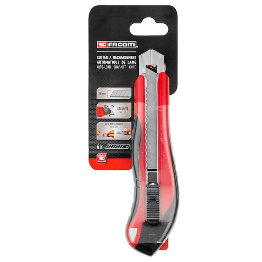 Photo of Facom 844_S18PB utility knife, red and black, 18mm auto-load snap-off blade, front view in packaging.