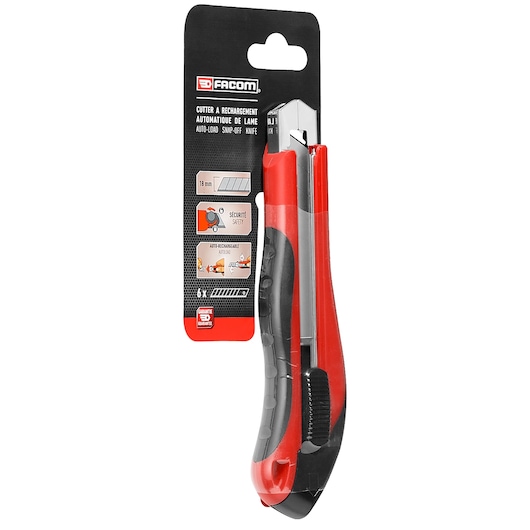Facom 844_S18PB red and black snap-off knife in retail packaging, front angle on white background.
