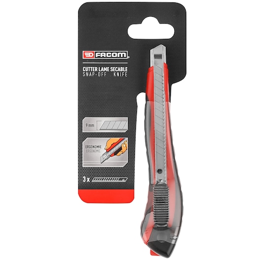 Facom 844.S9PB snap-off knife, 9mm blade, ergonomic handle, retail packaging, front view.