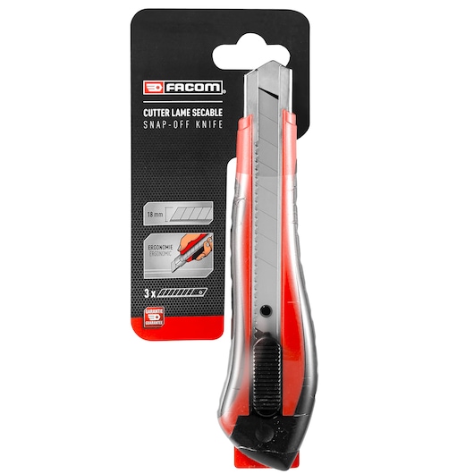 Photo of Facom 844.SE18PB snap-off utility knife, red and black, ergonomic handle, 18mm blade, front angle on package.