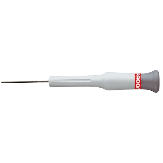 Facom 84E_2_5X75 precision screwdriver with white handle and thin metal shaft, side view on white background.