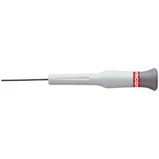 Facom precision screwdriver with white handle and thin shaft, side view. 84E_2X75