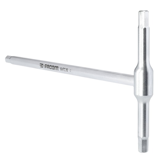 Photo of Facom 84TC_10 T-handle hex key, silver metal, product side angle on white background.