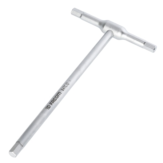 Facom 84TC_12 T-handle hex key photography with silver finish, angled on white background.
