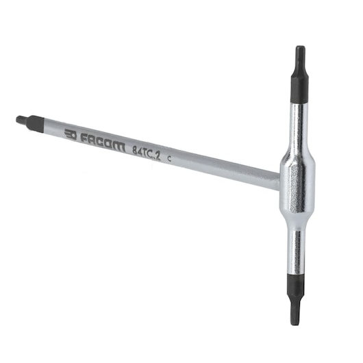 Facom 84TC_2 silver T-handle Torx key tool, front angle, black tips, on white background.