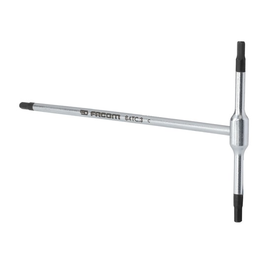 Photo of Facom 84TC_3 T-handle Torx key with silver finish, black tips, side angle on white background.