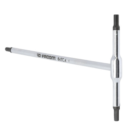 Facom 84TC_4 T-handle hex key, silver tool with black tips, front angle, white background.