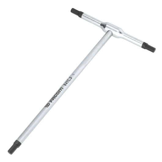 Facom 84TC_5 T-handle hex key photographed at an angle on white background, silver handle with black tips.