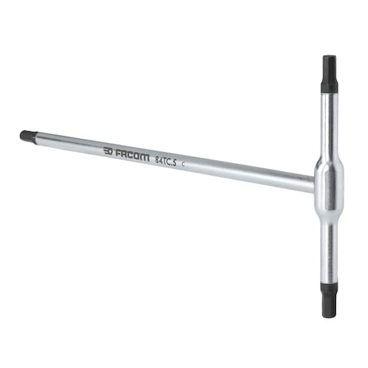 Facom 84TC_5 T-handle hex key with black tips, silver body, side angle, isolated on white background.