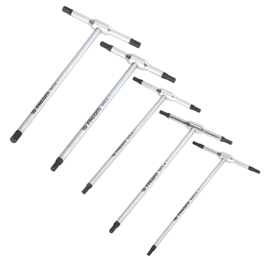Facom 84TC_JE5 T-handle hex key set, five silver wrenches with black tips, top-down angle on white background.