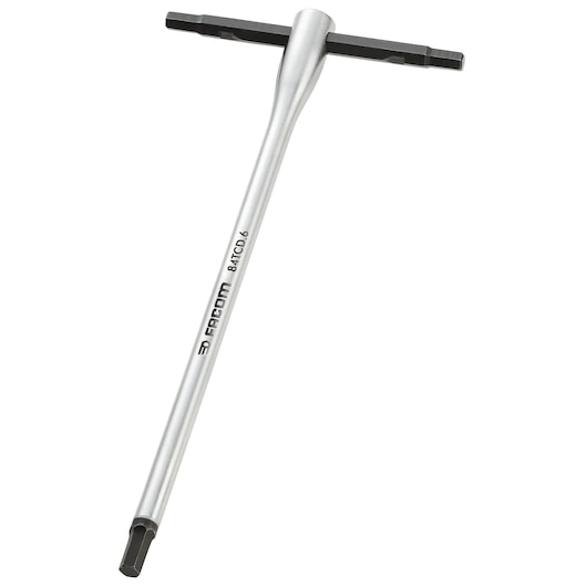 Photo of Facom 84TCD_6 T-handle hex key with silver shaft and black hex tips, front angle on white background.