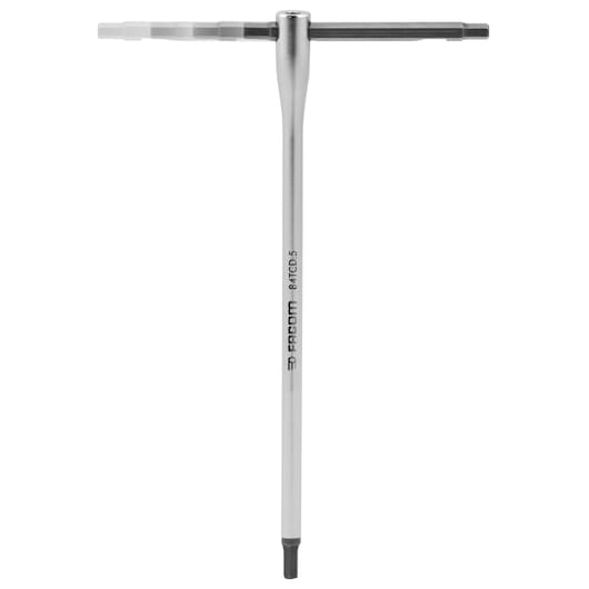 Photo of Facom T-handle hex key 84TCD_6 with silver shaft and black rotating handle, front angle.
