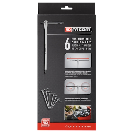 Facom 84TCDJ6PB set of 6 sliding T-handle hexagonal keys, front view on packaging with tools and key features.