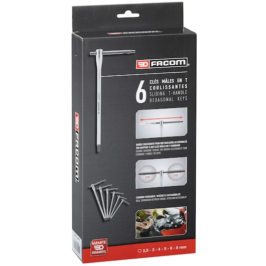 Facom 84TCDJ6PB sliding T-handle hex key set packaging, showing six hexagonal keys, front angle.