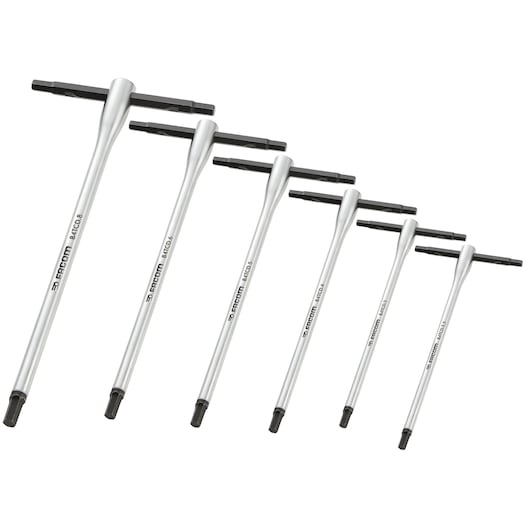 Facom 84TCD_J6 set of six silver T-handle Torx keys, tool photography, front angle on white background.