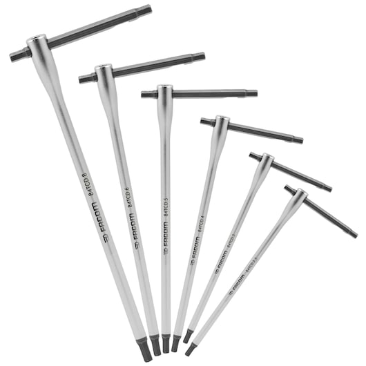 Facom hex key T-handle set, silver and black, six pieces, arranged upright, SKU 84TCD_J6, front angle.