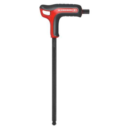 Facom T-handle hex key with red and black grip, ball end, vertical on white background, 84TZSA_8 hand tool.