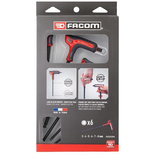 Facom 84TZSA.PB set of 6 T-handle hex keys with soft grip handles, visible in package, front angle.