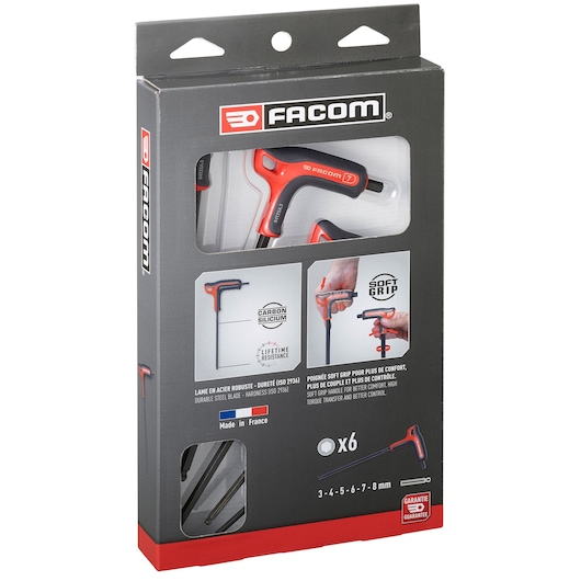 Facom 84TZSA.PB hex key set with soft grip handles, six pieces from 3 to 8 mm, black and red, packaging front angle.