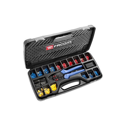 Facom crimping tool kit 855367 with assorted red, blue, yellow connectors in open black hard case, top view.